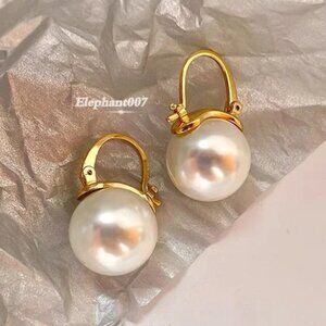 Kate Spade Pearl Drop Earrings Gold Tone Hoop Leverback Classic Elegant